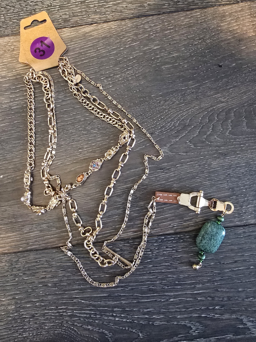 Free People Gold-Tone Layered Necklace with Green Stone Pendant
